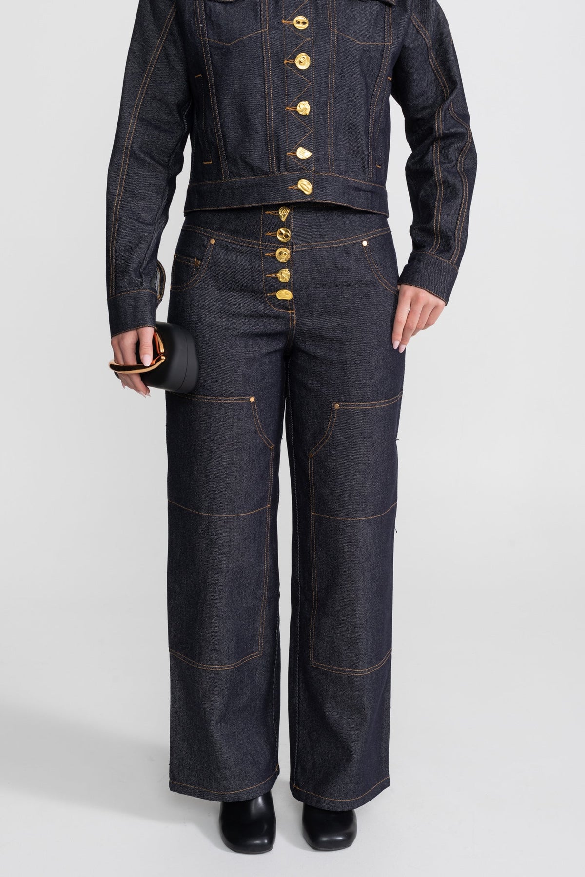 Cropped Denim Jacket and Straight Leg Jeans Set with Gold Buttons – Indigo – view 6