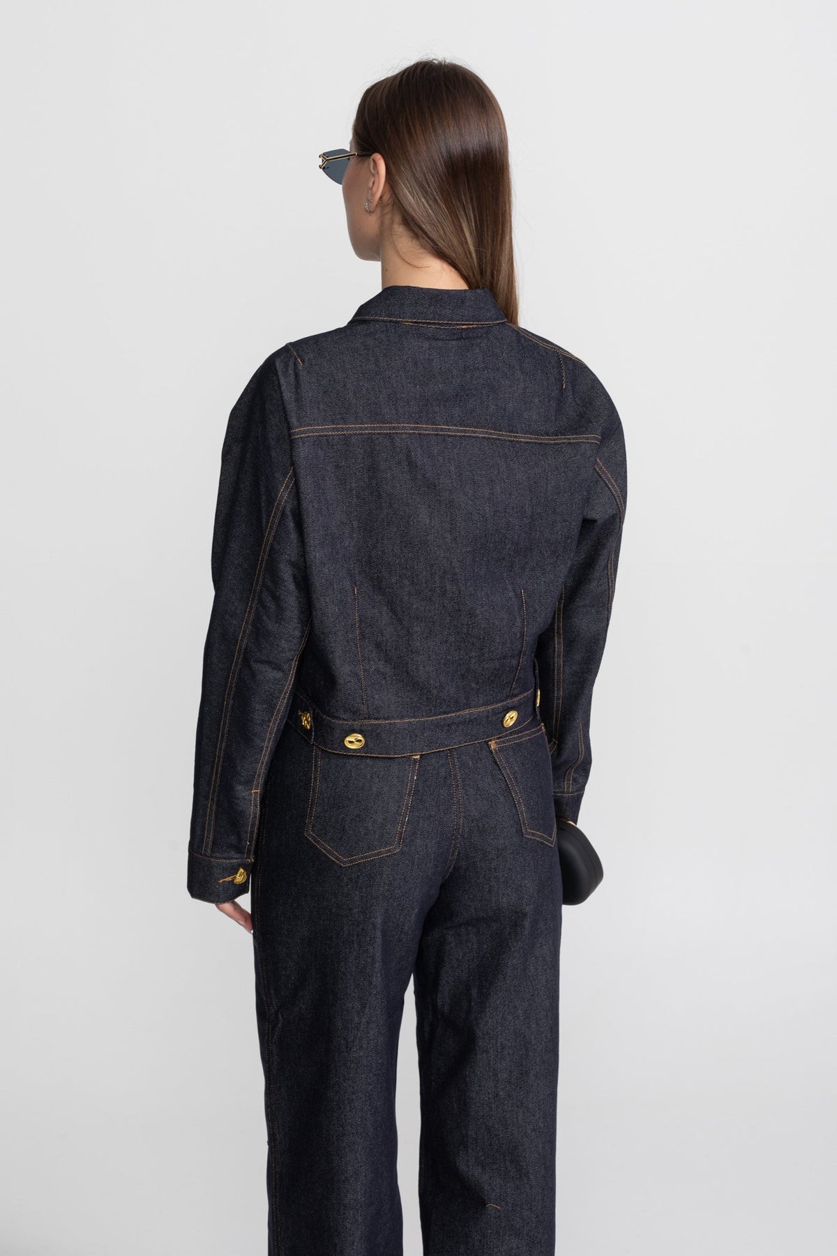 Cropped Denim Jacket and Straight Leg Jeans Set with Gold Buttons – Indigo – view 7