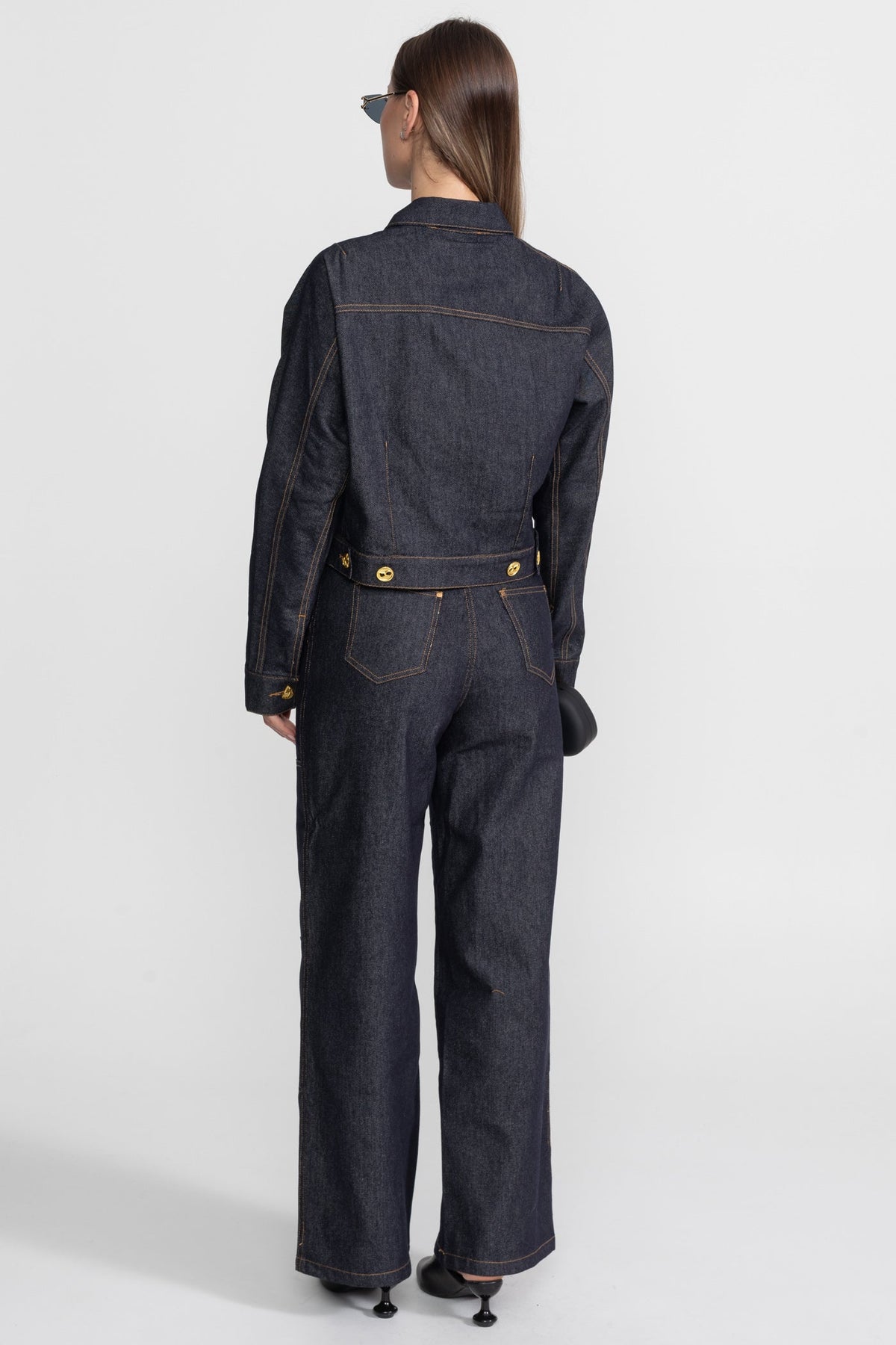 Cropped Denim Jacket and Straight Leg Jeans Set with Gold Buttons – Indigo – view 8