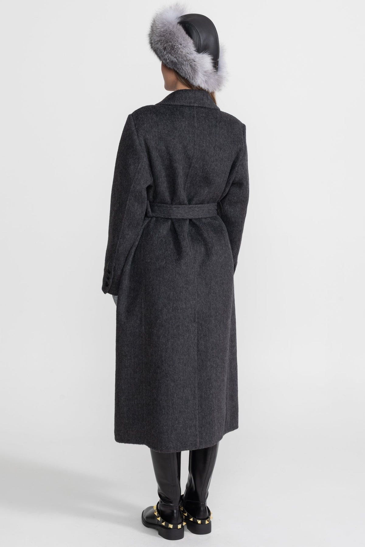 Double-Breasted Full Length Wool Coat with Self-Tie Belt – Charcoal Grey – view 5