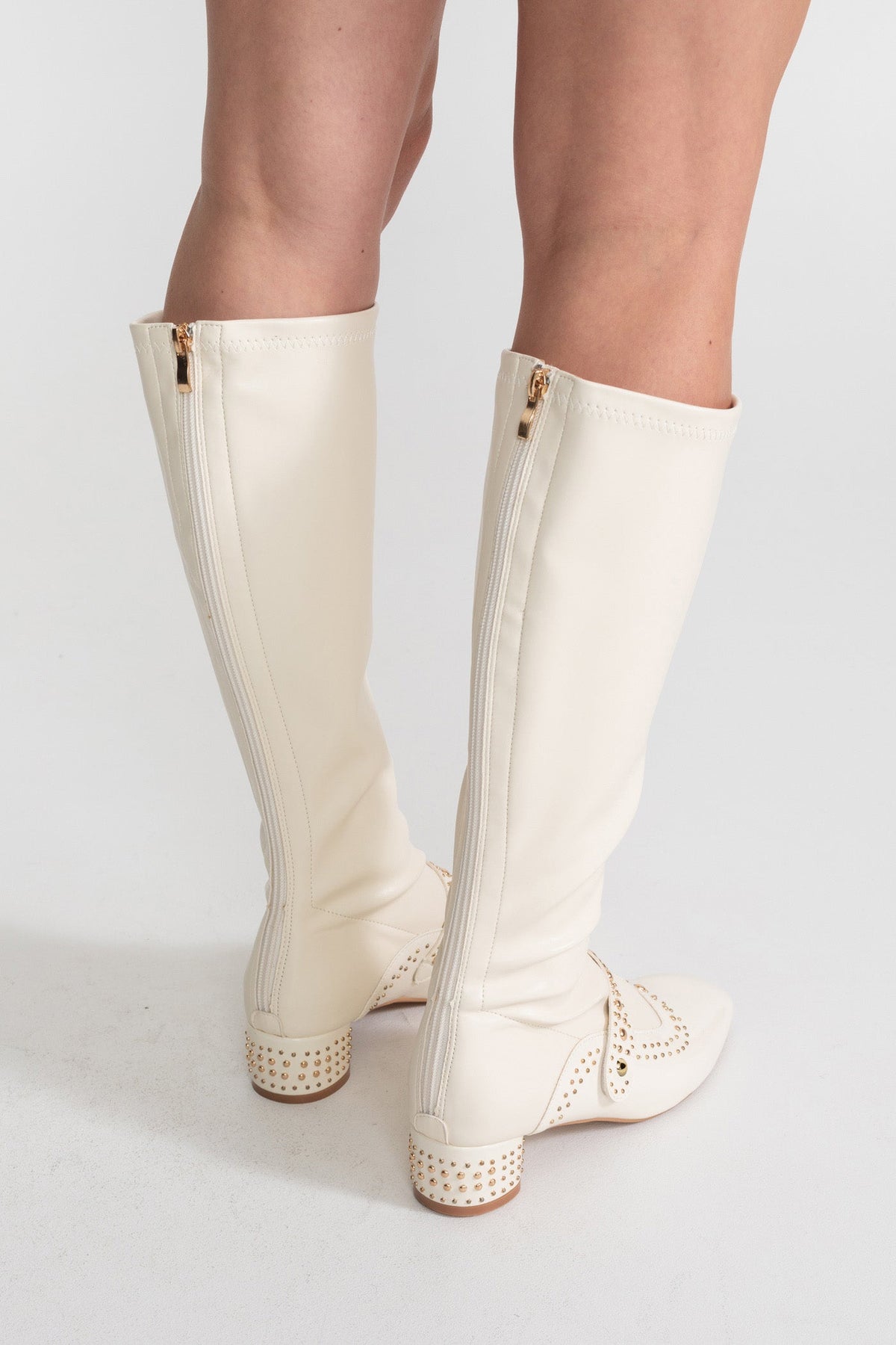 Studded Patent Knee-High Boots with Adjustable Strap – Ivory – view 4