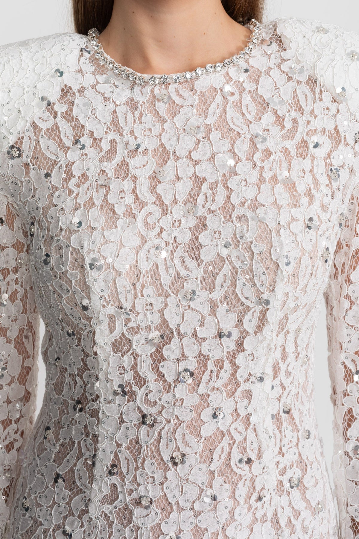 Long Sleeve Sequin Lace Mini Dress with Structured Shoulders – White – view 7