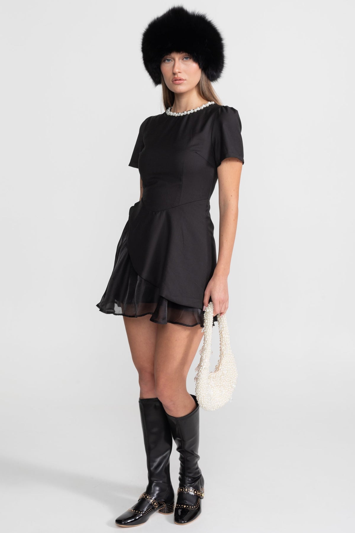 Pearl Trim Crew Neck Satin Mini Dress with Draped Asymmetric Skirt – Black – view 2