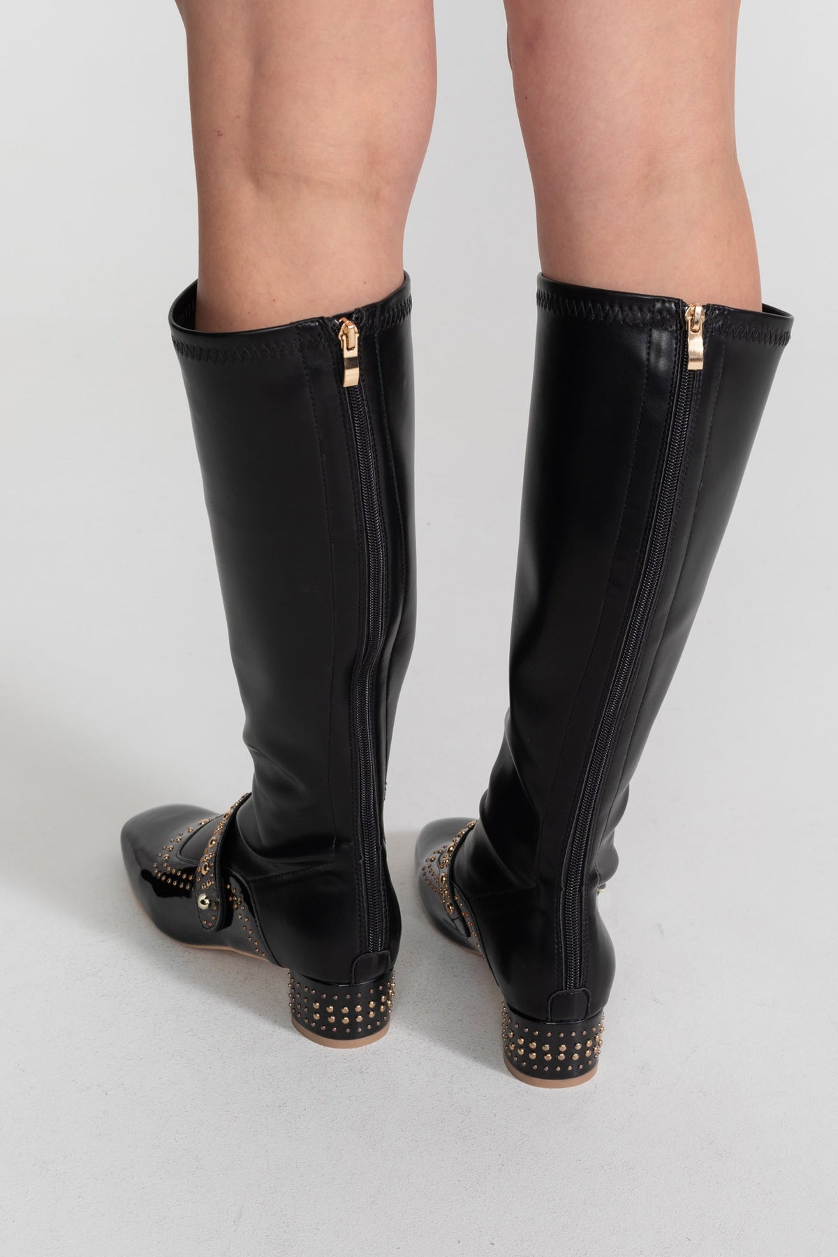Studded Patent Knee-High Boots with Adjustable Strap – Black – view 4