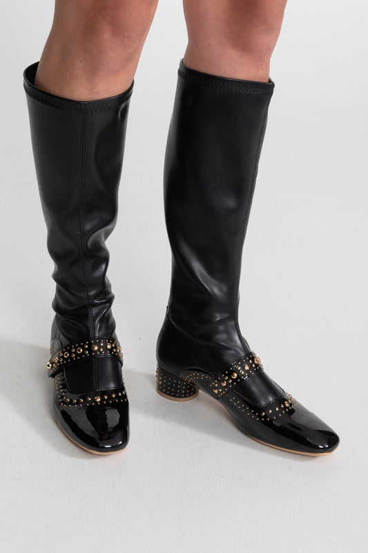 Studded Patent Knee-High Boots with Adjustable Strap – Black