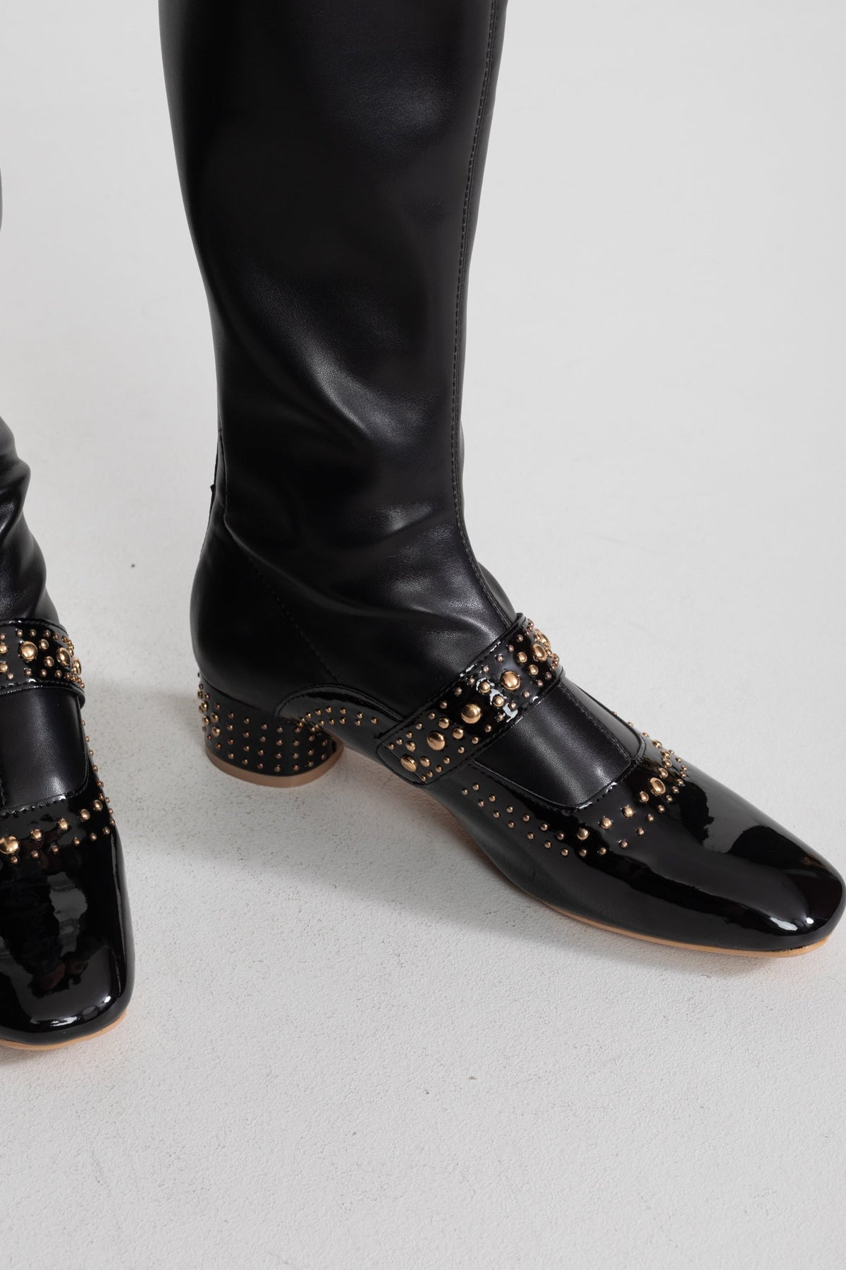Studded Patent Knee-High Boots with Adjustable Strap – Black – view 2