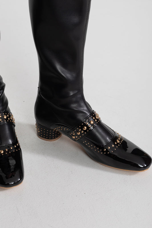 Studded Patent Knee-High Boots with Adjustable Strap – Black – view 2