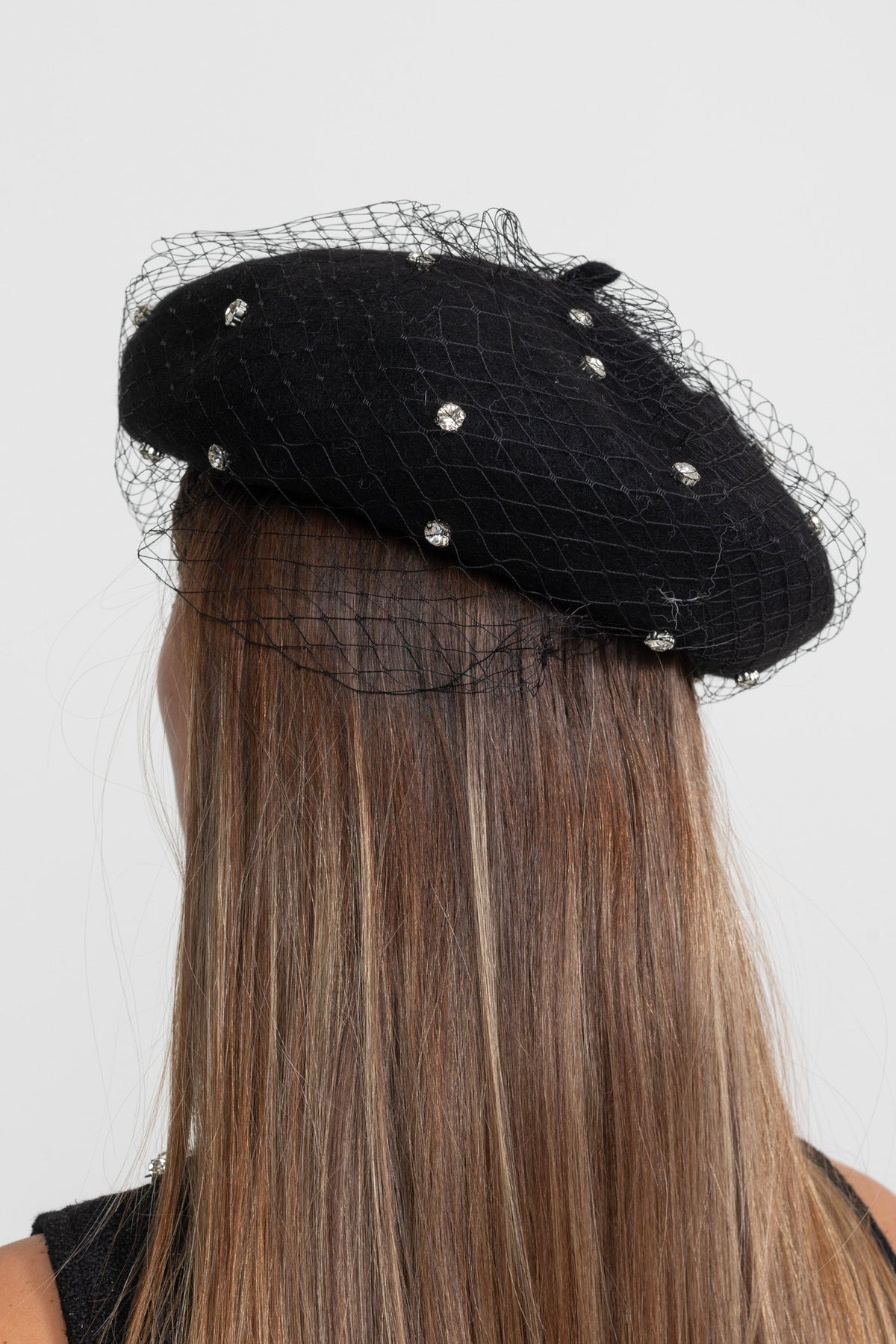 Crystal Embellished Wool Beret with Mesh Veil – Black – view 4