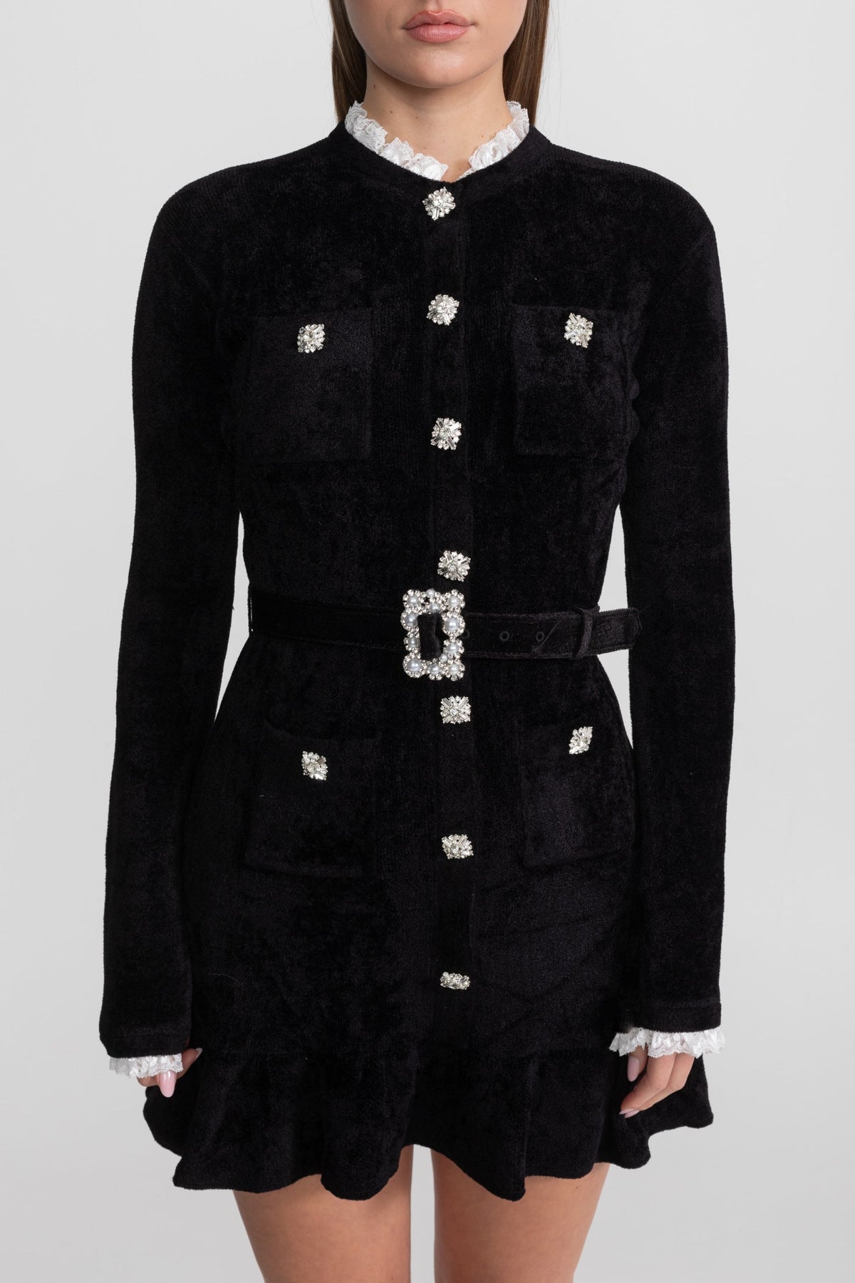 Knit Crystal-Button Mini Dress with Lace Collar and Matching Belt – Black – view 6