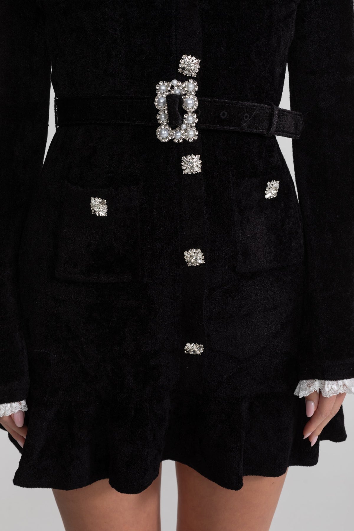 Knit Crystal-Button Mini Dress with Lace Collar and Matching Belt – Black – view 7