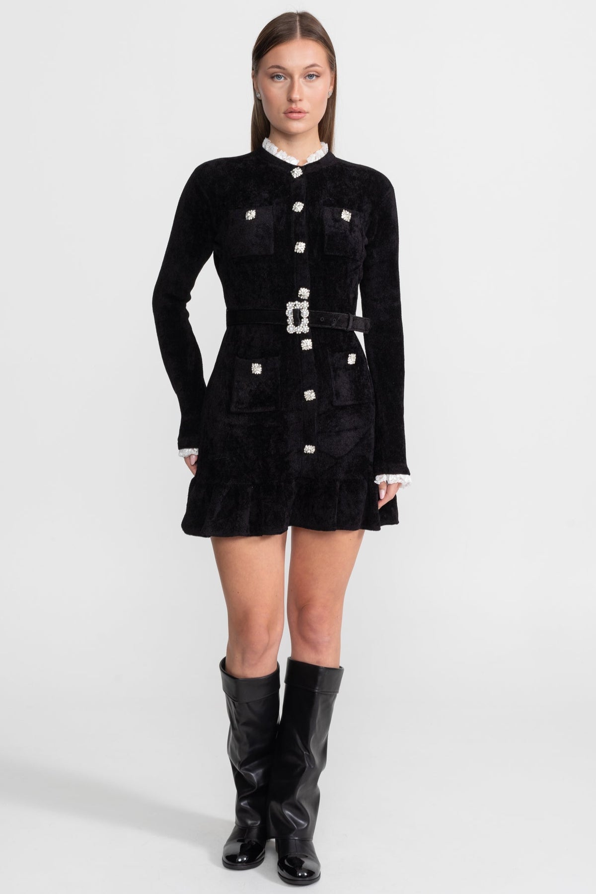 Knit Crystal-Button Mini Dress with Lace Collar and Matching Belt – Black – view 2