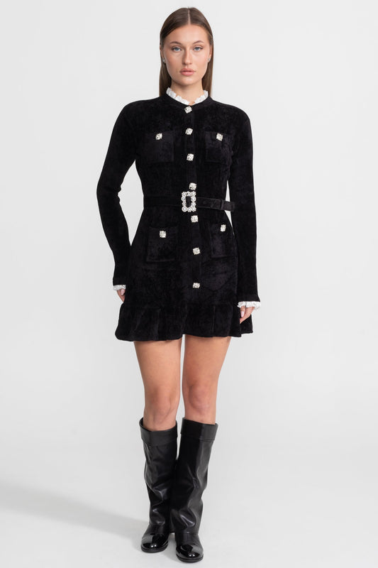 Knit Crystal-Button Mini Dress with Lace Collar and Matching Belt – Black – view 2
