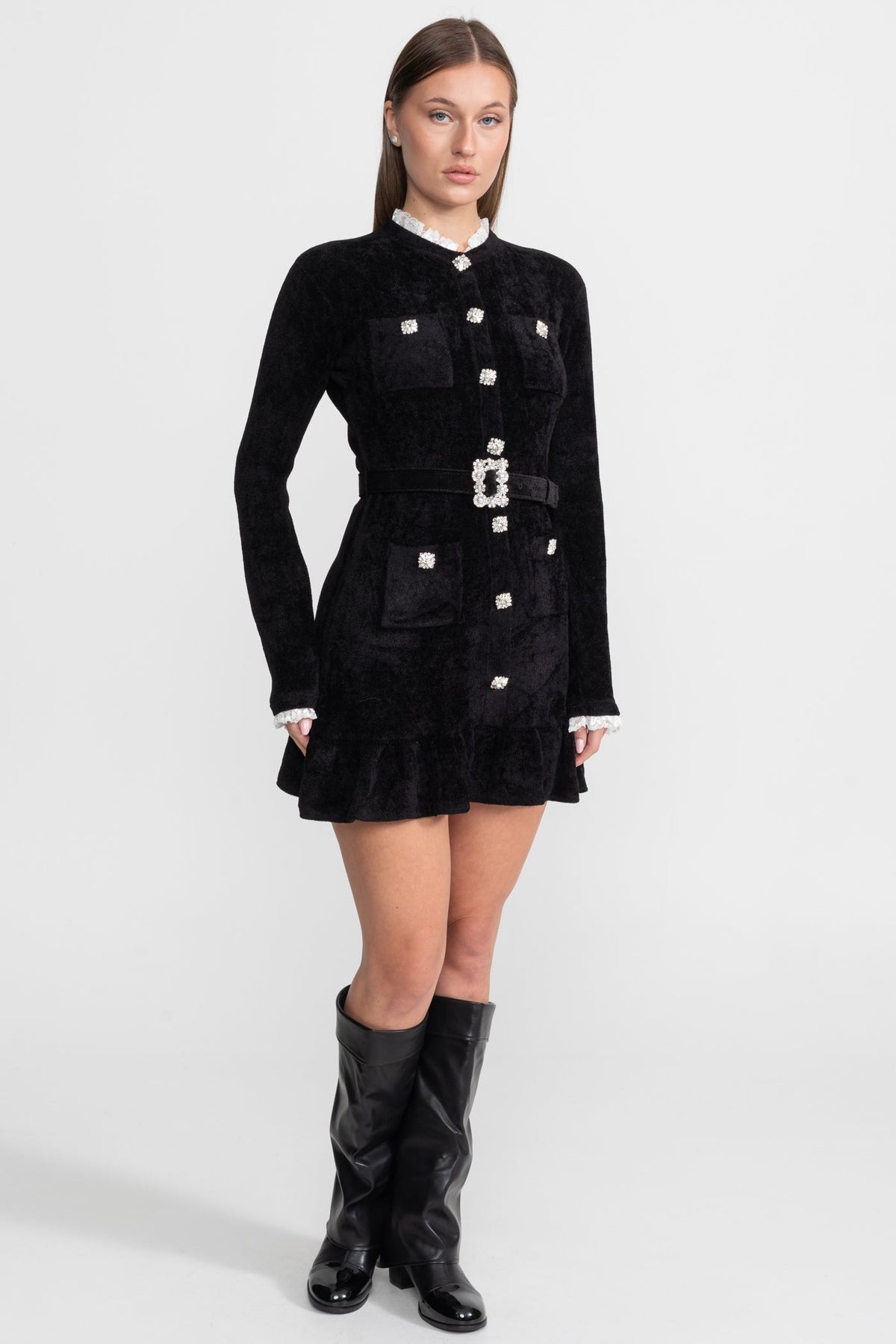 Knit Crystal-Button Mini Dress with Lace Collar and Matching Belt – Black – view 3
