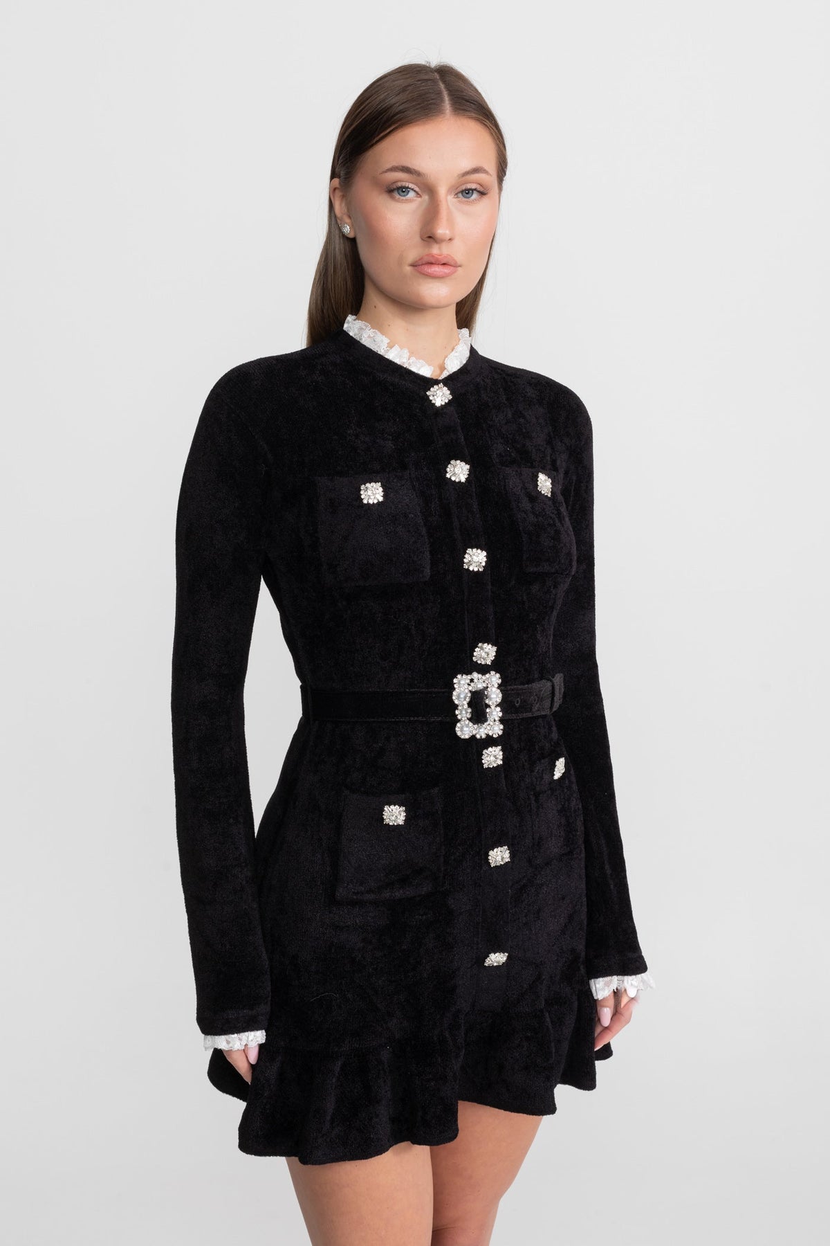 Knit Crystal-Button Mini Dress with Lace Collar and Matching Belt – Black – view 5