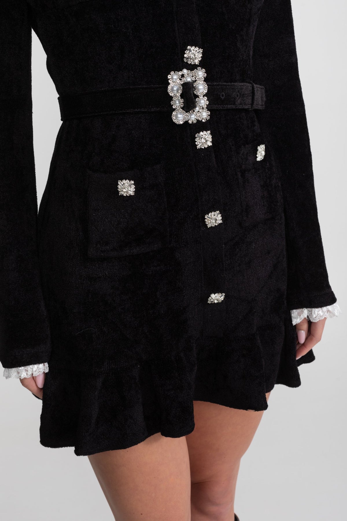 Knit Crystal-Button Mini Dress with Lace Collar and Matching Belt – Black – view 8