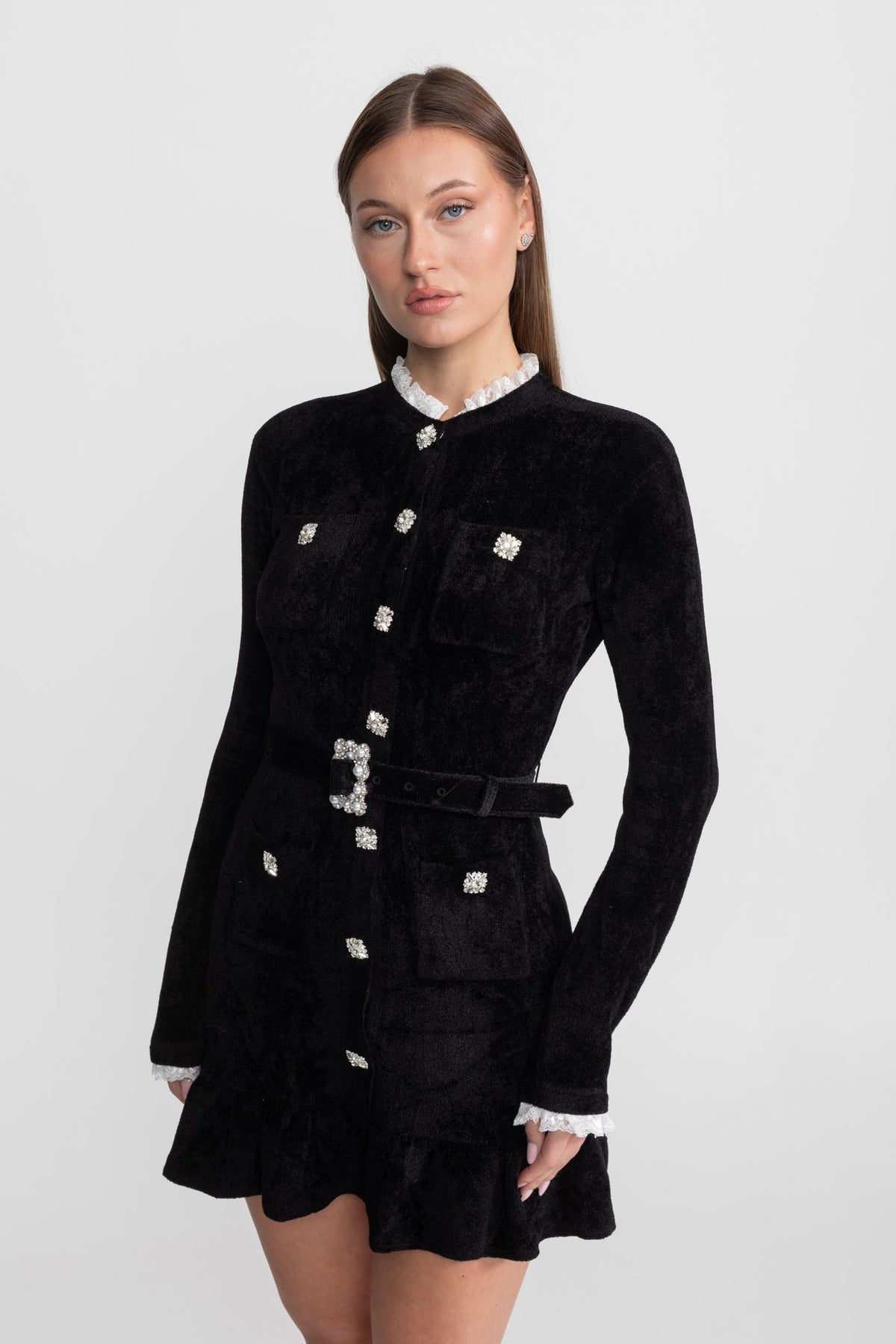 Knit Crystal-Button Mini Dress with Lace Collar and Matching Belt – Black – view 9