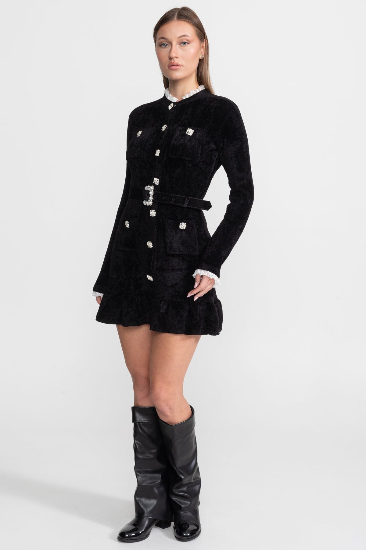 Knit Crystal-Button Mini Dress with Lace Collar and Matching Belt – Black – view 4