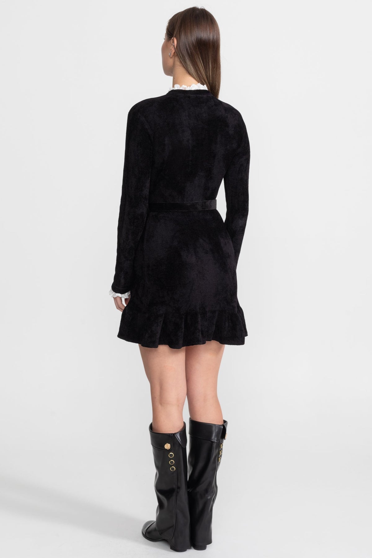Knit Crystal-Button Mini Dress with Lace Collar and Matching Belt – Black – view 10