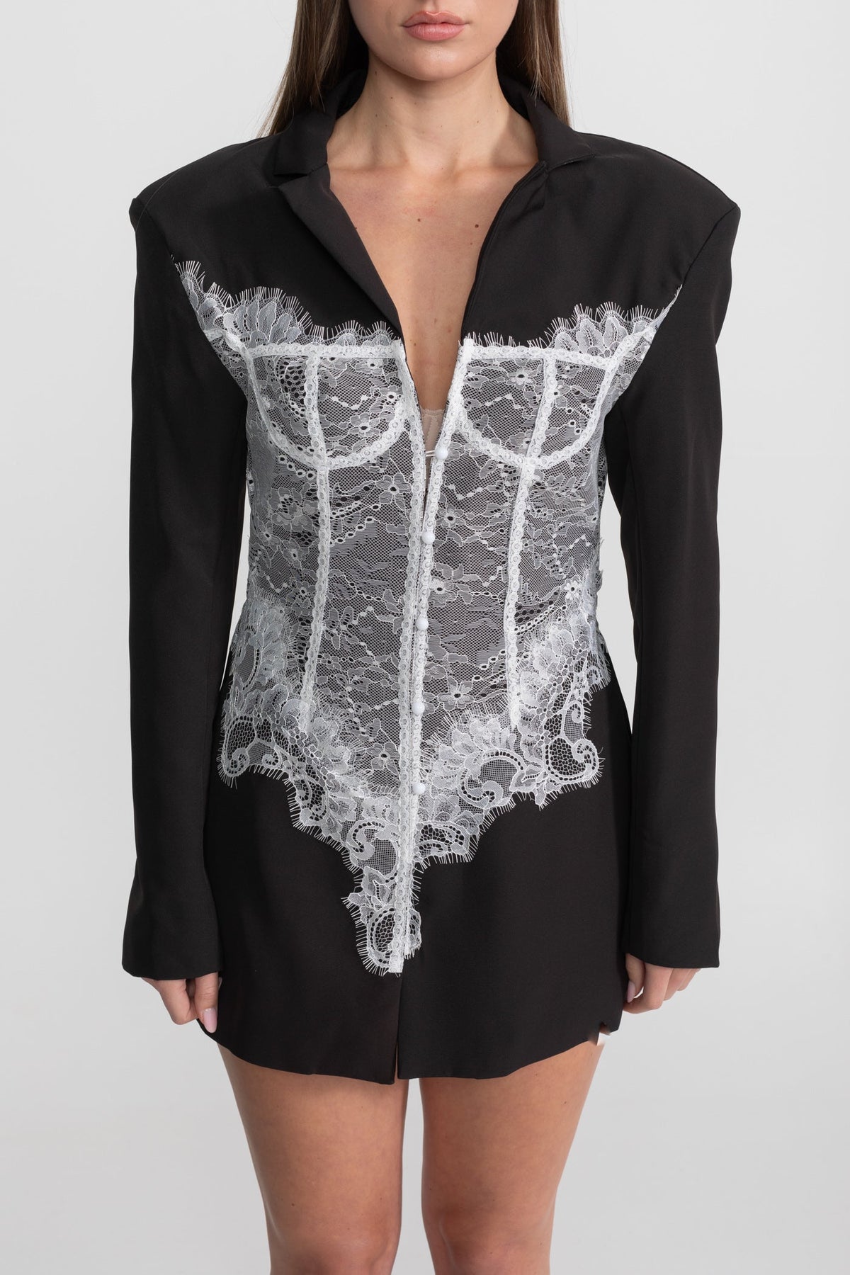 Lace Corset Blazer Dress with Deep V-Neckline and Padded Shoulders – Black