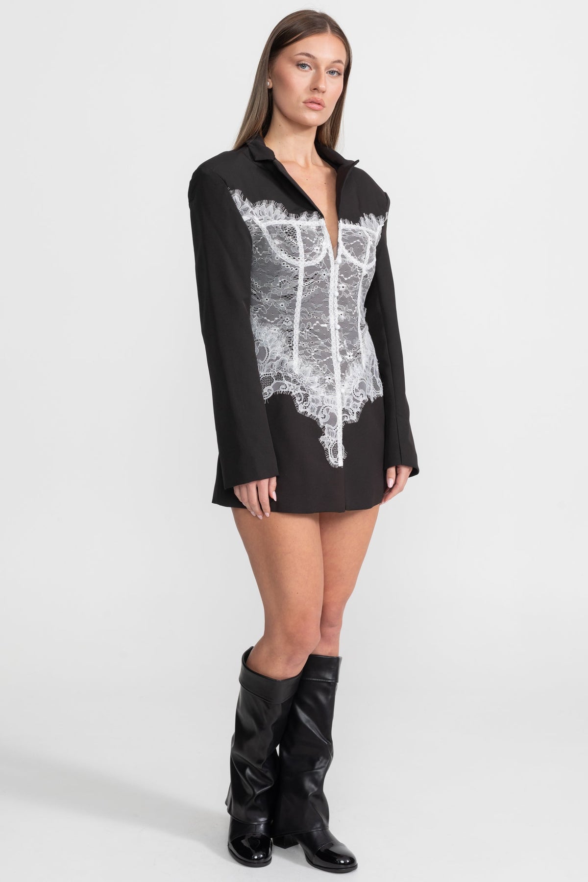 Lace Corset Blazer Dress with Deep V-Neckline and Padded Shoulders – Black – view 2