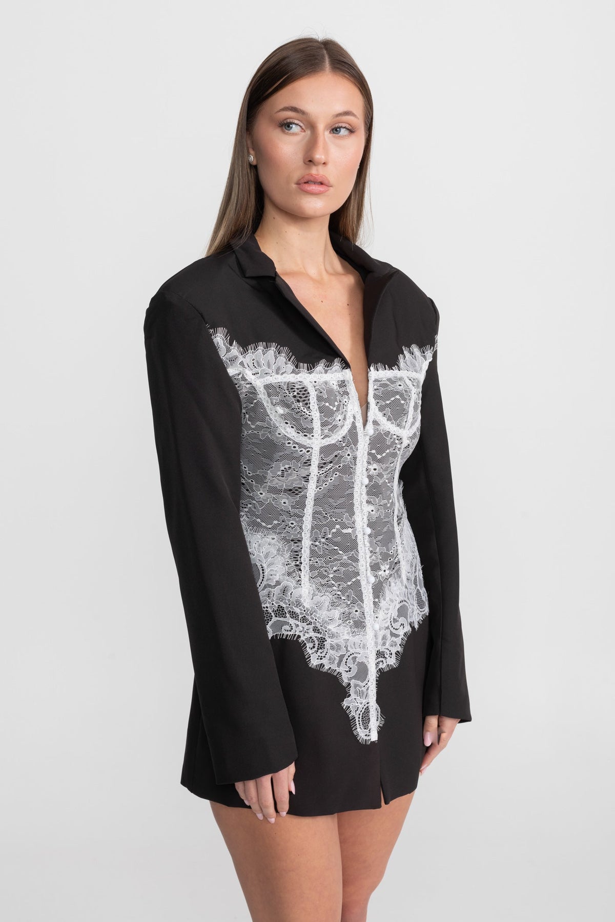 Lace Corset Blazer Dress with Deep V-Neckline and Padded Shoulders – Black – view 3