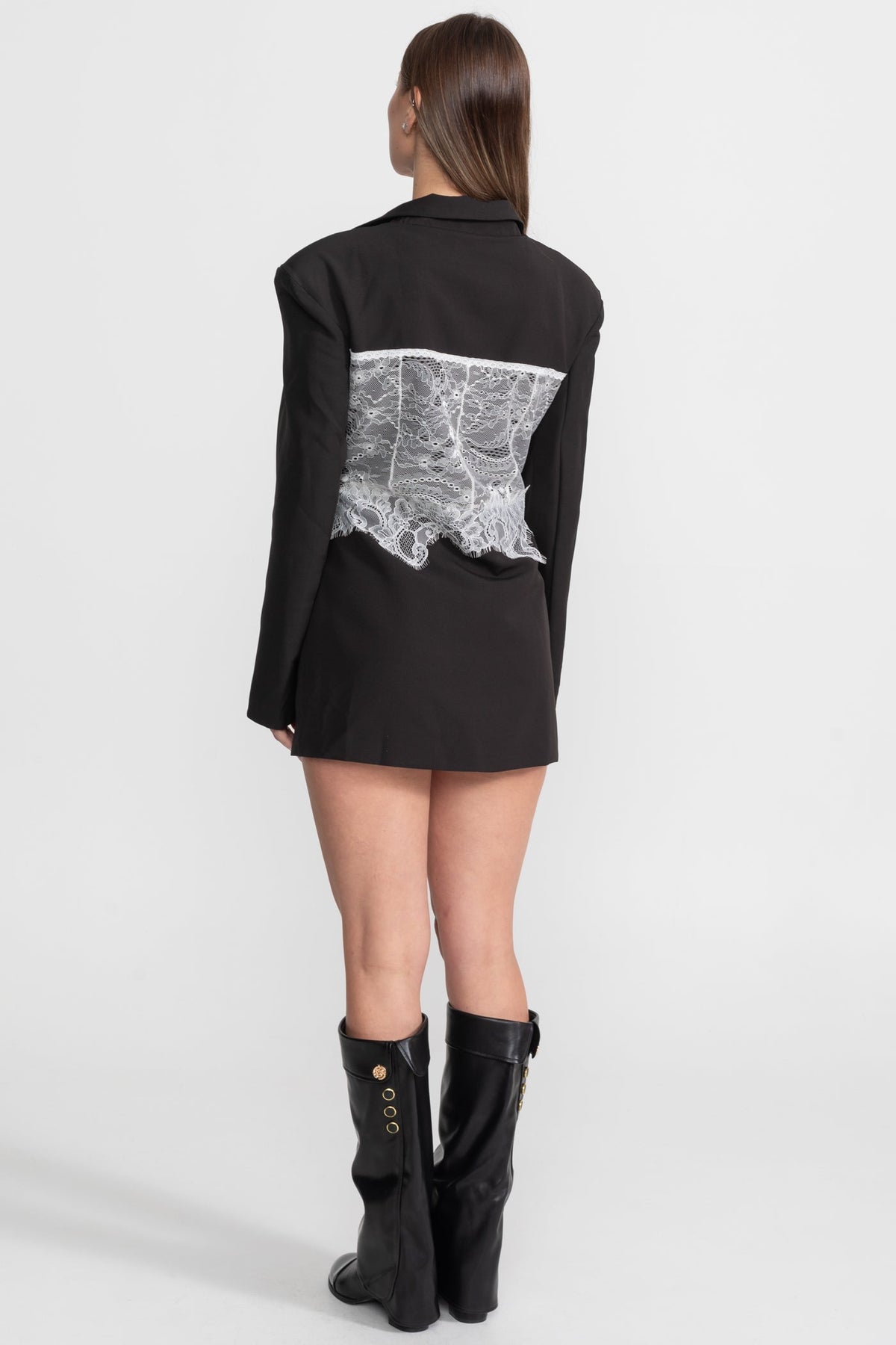 Lace Corset Blazer Dress with Deep V-Neckline and Padded Shoulders – Black