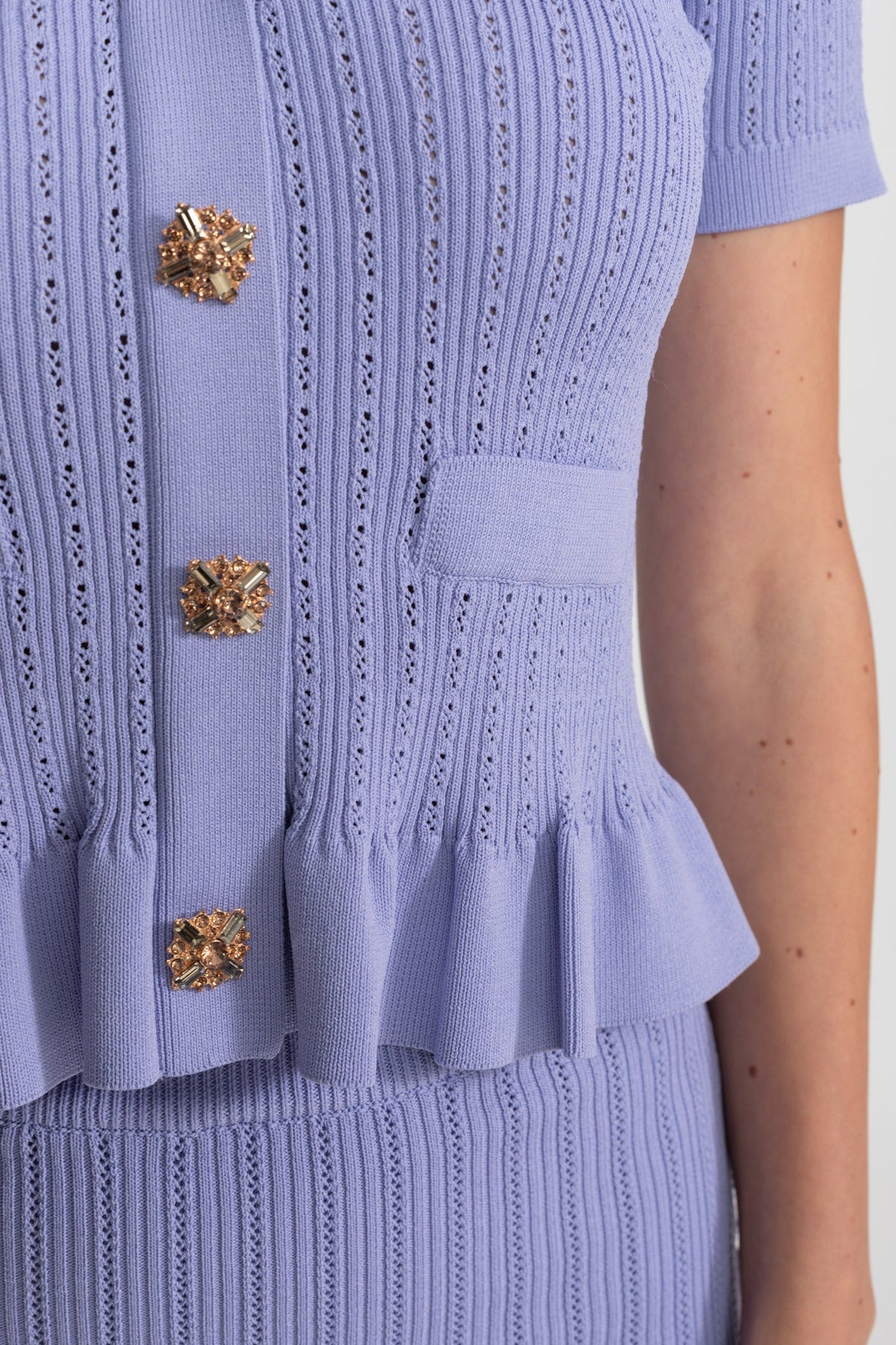 Ribbed Knit Peplum Top and Midi Skirt Co-ord with Gold Buttons – Lilac – view 3