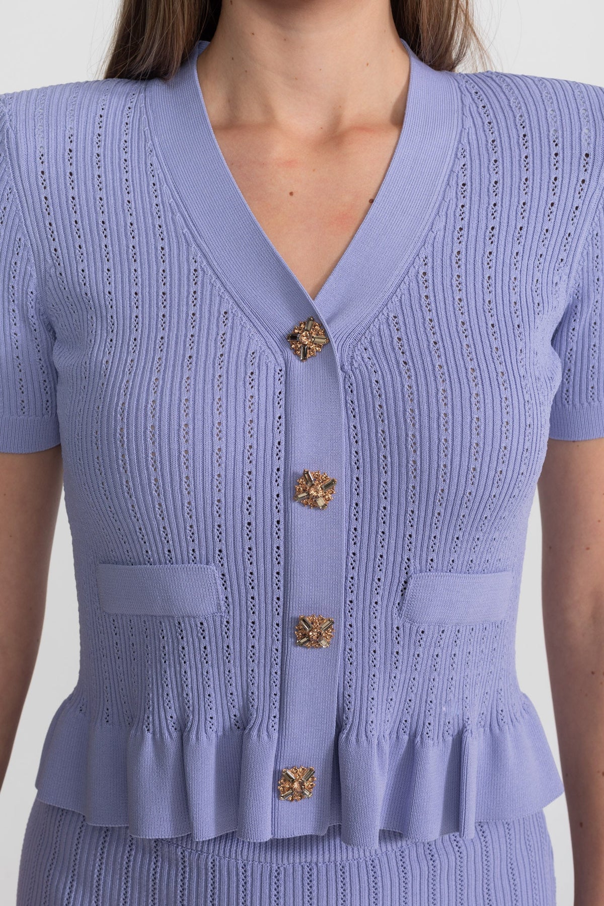 Ribbed Knit Peplum Top and Midi Skirt Co-ord with Gold Buttons – Lilac – view 4