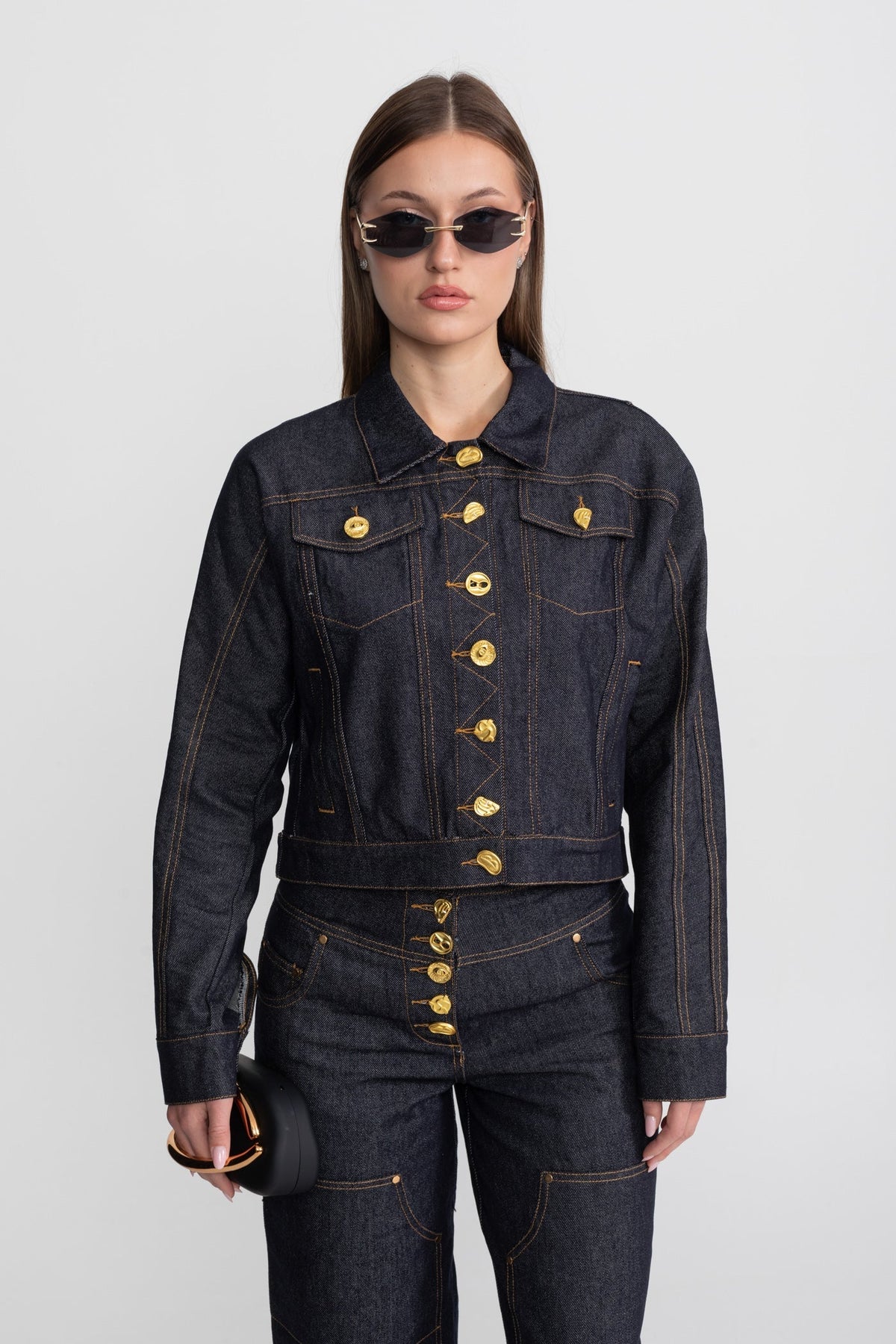 Cropped Denim Jacket and Straight Leg Jeans Set with Gold Buttons – Indigo – view 2