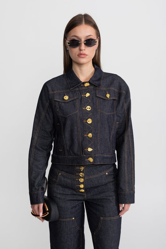 Cropped Denim Jacket and Straight Leg Jeans Set with Gold Buttons – Indigo – view 2
