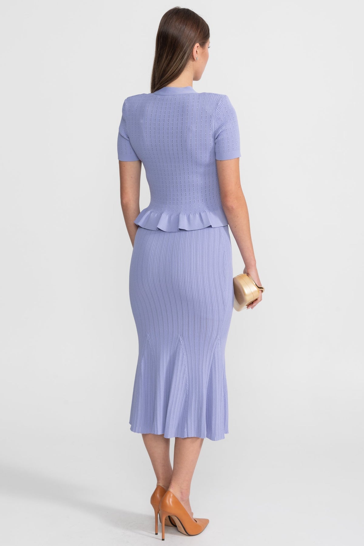 Ribbed Knit Peplum Top and Midi Skirt Co-ord with Gold Buttons – Lilac – view 5