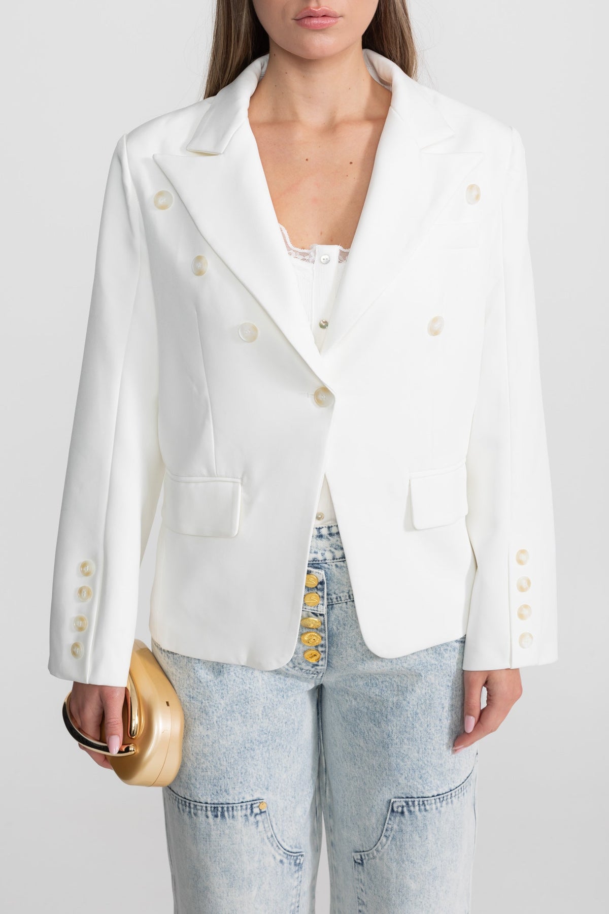 Double-Breasted Tailored Blazer with Peak Lapels and Belt – White – view 7