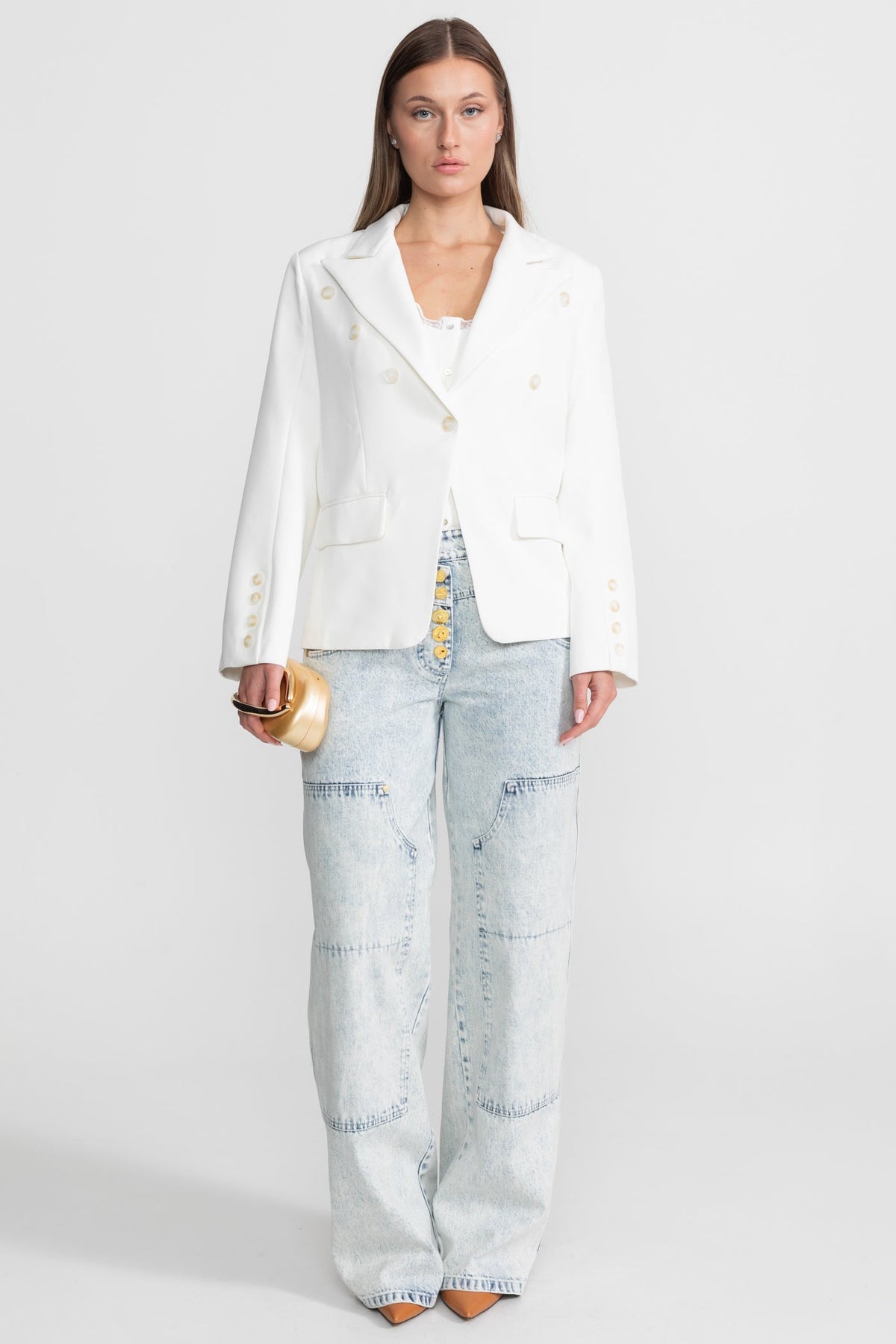 Double-Breasted Tailored Blazer with Peak Lapels and Belt – White – view 3