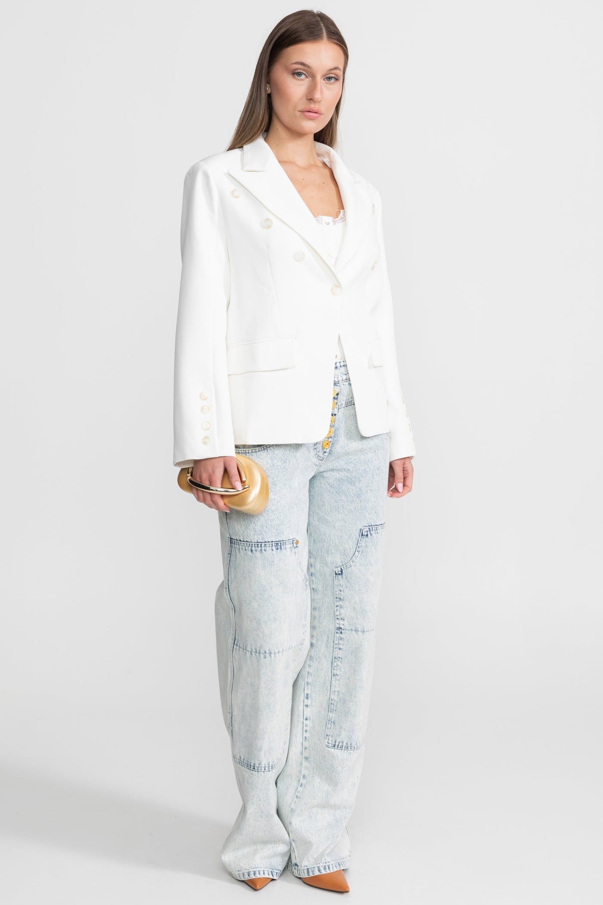 Double-Breasted Tailored Blazer with Peak Lapels and Belt – White – view 2