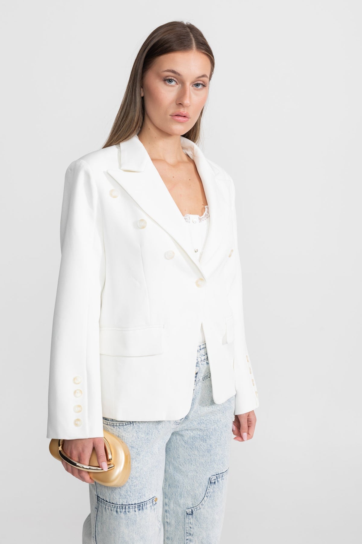 Double-Breasted Tailored Blazer with Peak Lapels and Belt – White – view 5