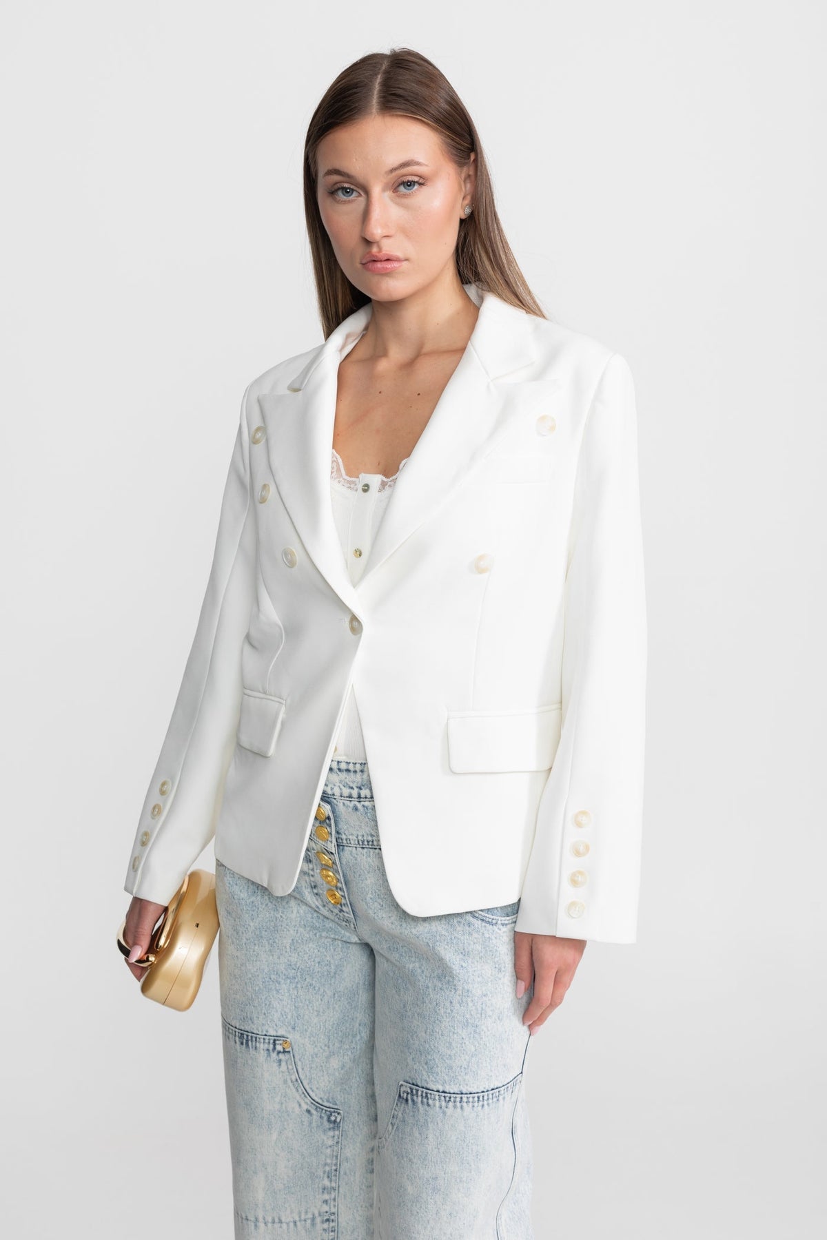 Double-Breasted Tailored Blazer with Peak Lapels and Belt – White – view 6