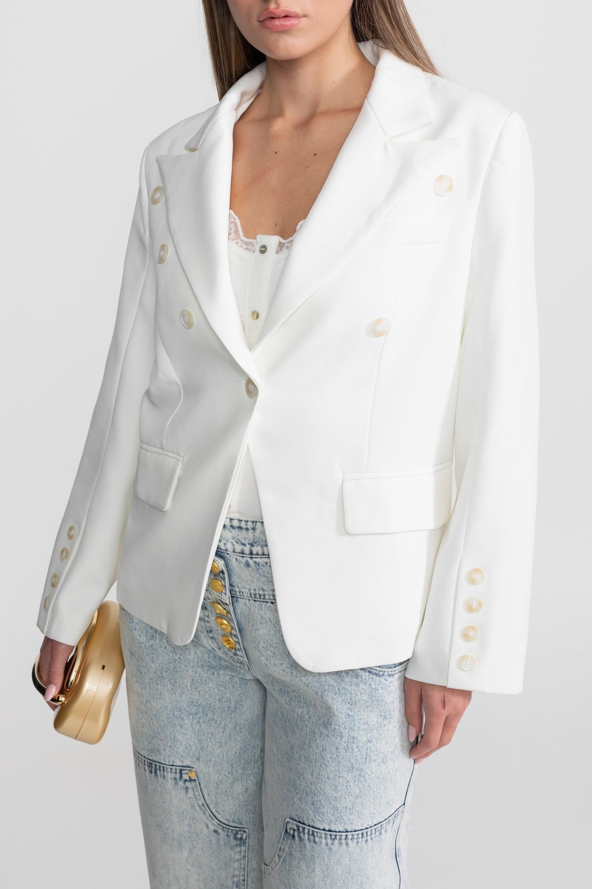 Double-Breasted Tailored Blazer with Peak Lapels and Belt – White – view 10