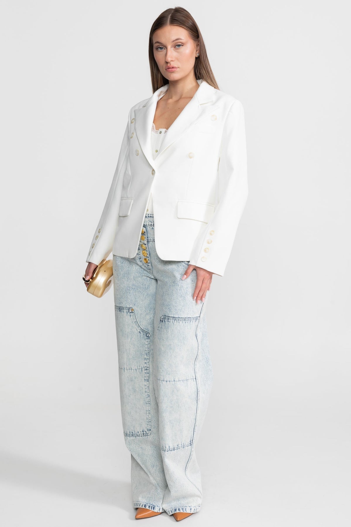 Double-Breasted Tailored Blazer with Peak Lapels and Belt – White – view 4