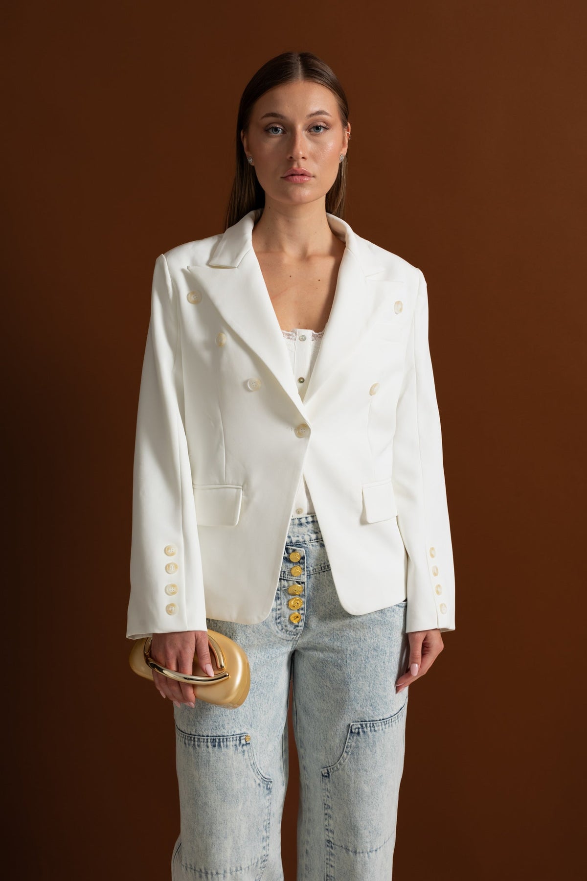 Double-Breasted Tailored Blazer with Peak Lapels and Belt – White – view 13