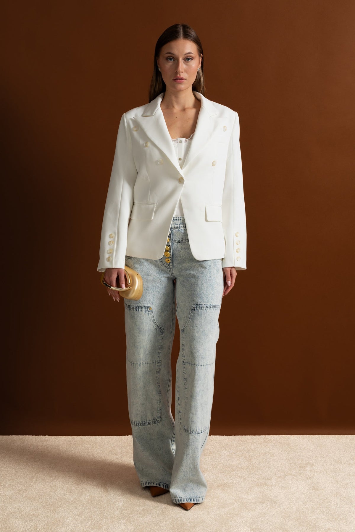 Double-Breasted Tailored Blazer with Peak Lapels and Belt – White – view 14