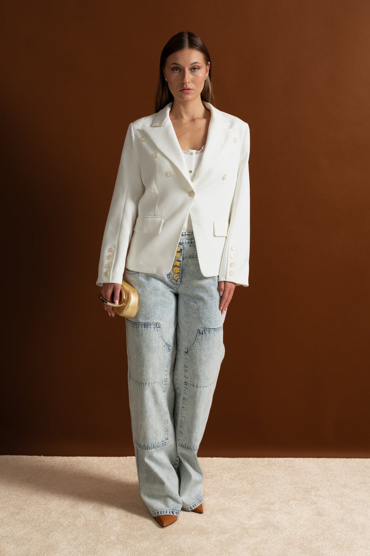 Double-Breasted Tailored Blazer with Peak Lapels and Belt – White – view 15