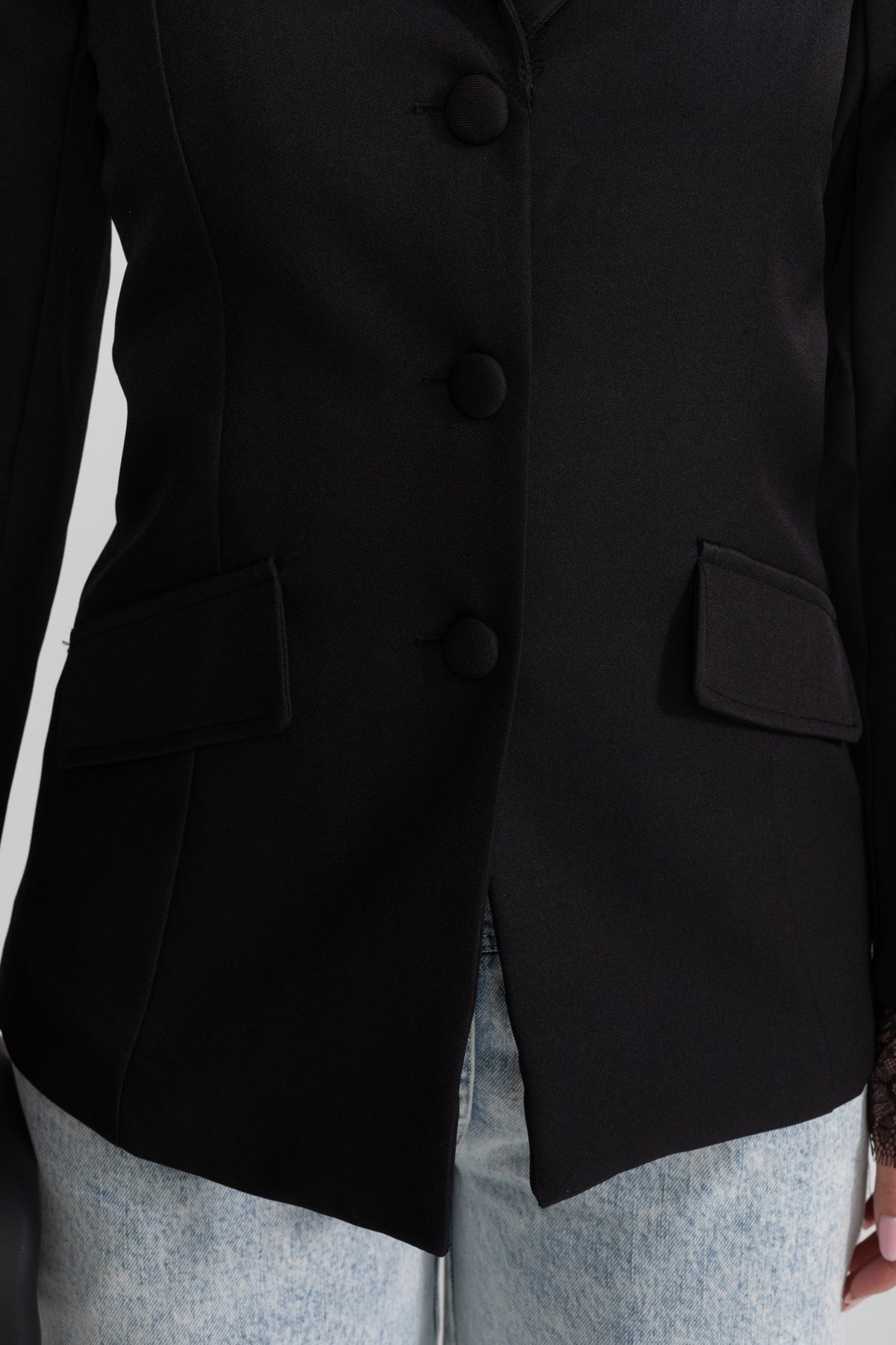 Tailored Lace-Trim Blazer with Tonal Button Closure – Black – view 8