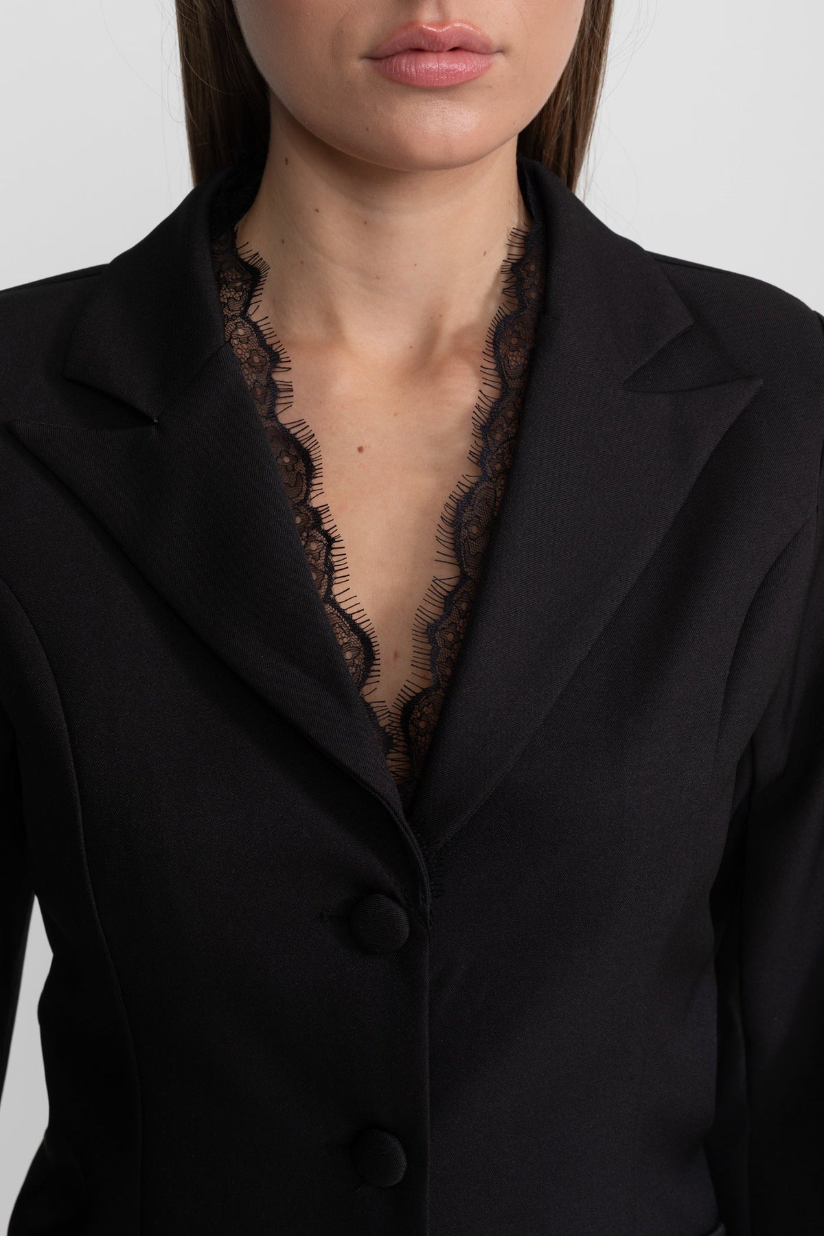 Tailored Lace-Trim Blazer with Tonal Button Closure – Black – view 4