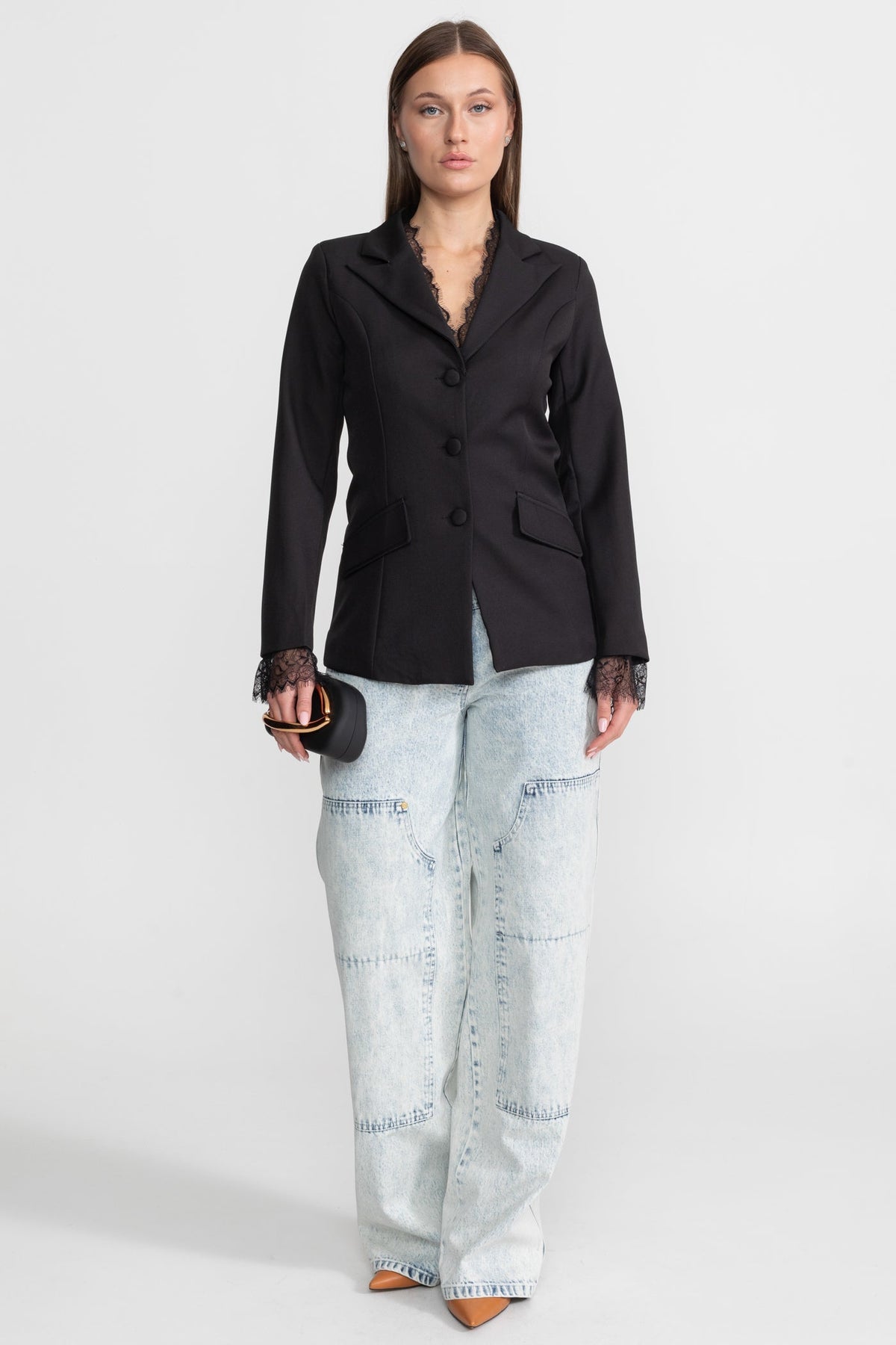 Tailored Lace-Trim Blazer with Tonal Button Closure – Black – view 5