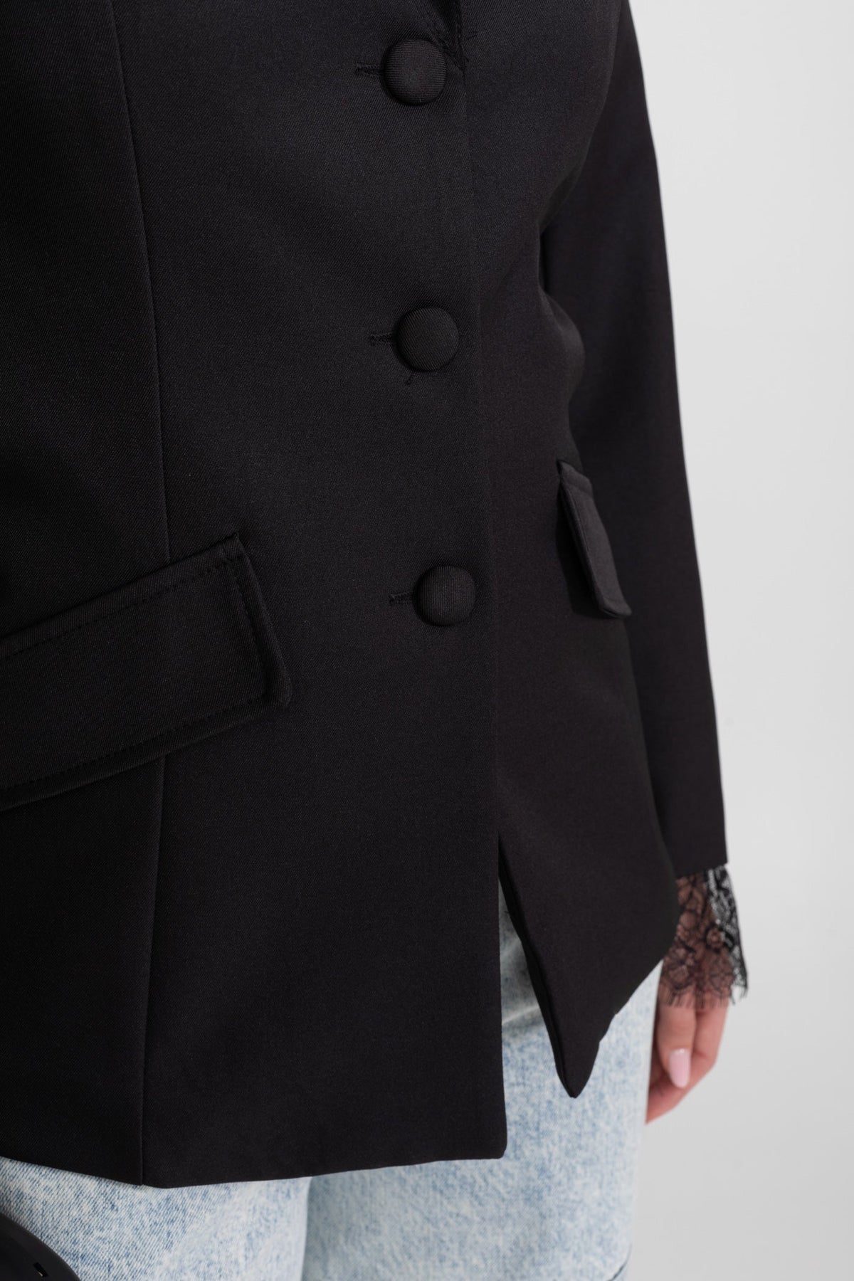 Tailored Lace-Trim Blazer with Tonal Button Closure – Black – view 7