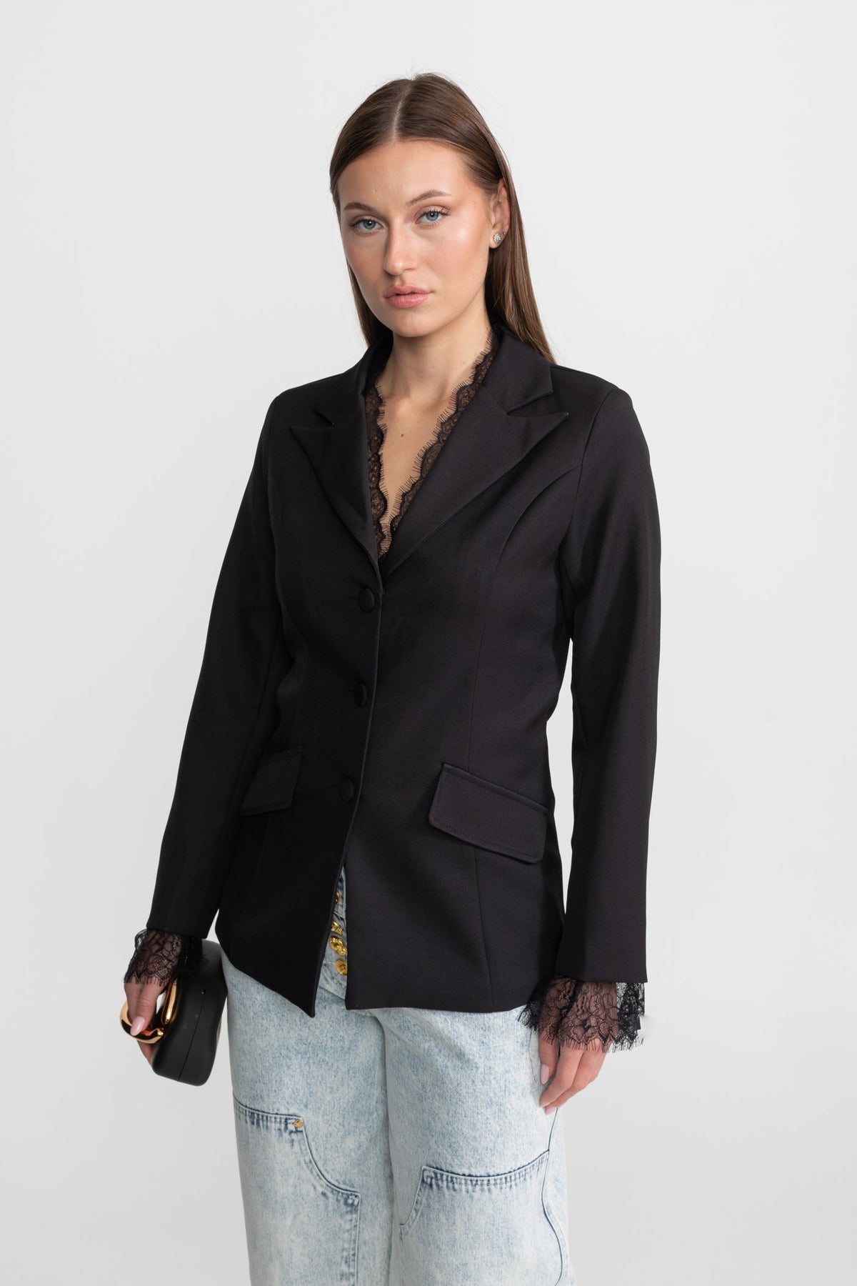 Tailored Lace-Trim Blazer with Tonal Button Closure – Black – view 3