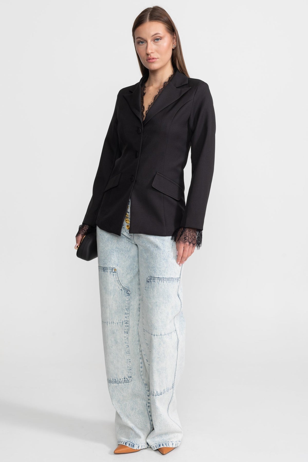 Tailored Lace-Trim Blazer with Tonal Button Closure – Black – view 2
