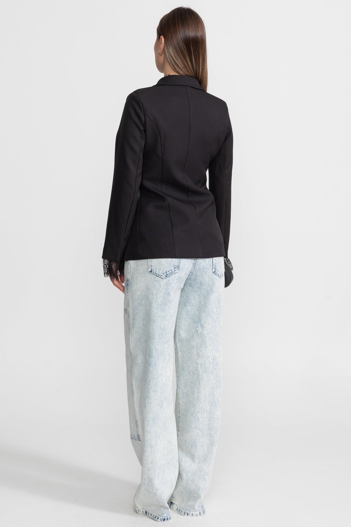Tailored Lace-Trim Blazer with Tonal Button Closure – Black – view 6