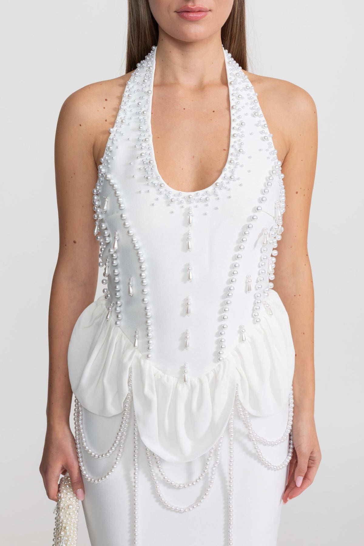 Satin Halter Gown with Pearl Embellishment and Gathered Peplum – White – view 6