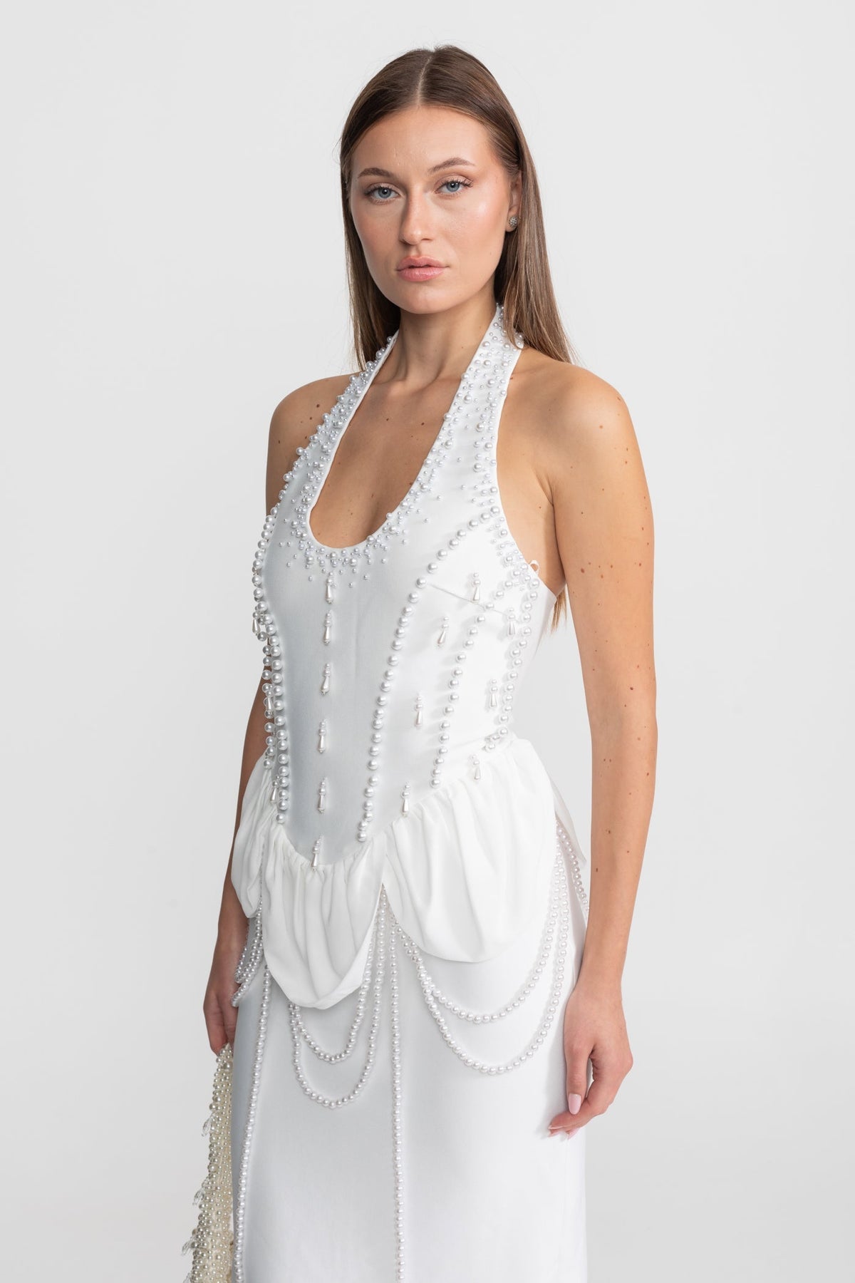 Satin Halter Gown with Pearl Embellishment and Gathered Peplum – White – view 8